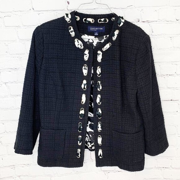 JONES NEW YORK BLACK & WHITE FLORAL SCARF DETAIL BLAZER JACKET SZ 4 - Picture 1 of 5